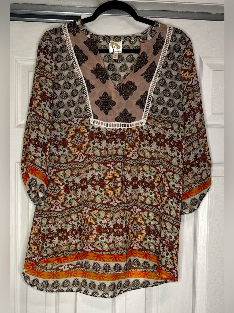 fig and flower Multicolor Patchwork Floral Pattern Boho Sheer Tunic - Size M
